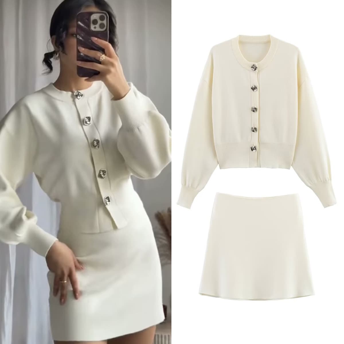 Women's Stylish Button-Detail Knit Cardigan & High-Waist Mini Skirt Set – Trendy Streetwear Outfit (S/M/L, Solid Color, Polyester)​​