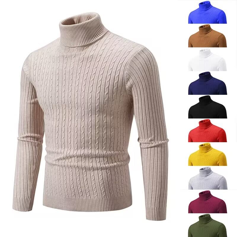 ​​Slim Fit Knit Sweater For Men - High Neck Pullover With Jacquard Detail, Minimalist Casual Style​​