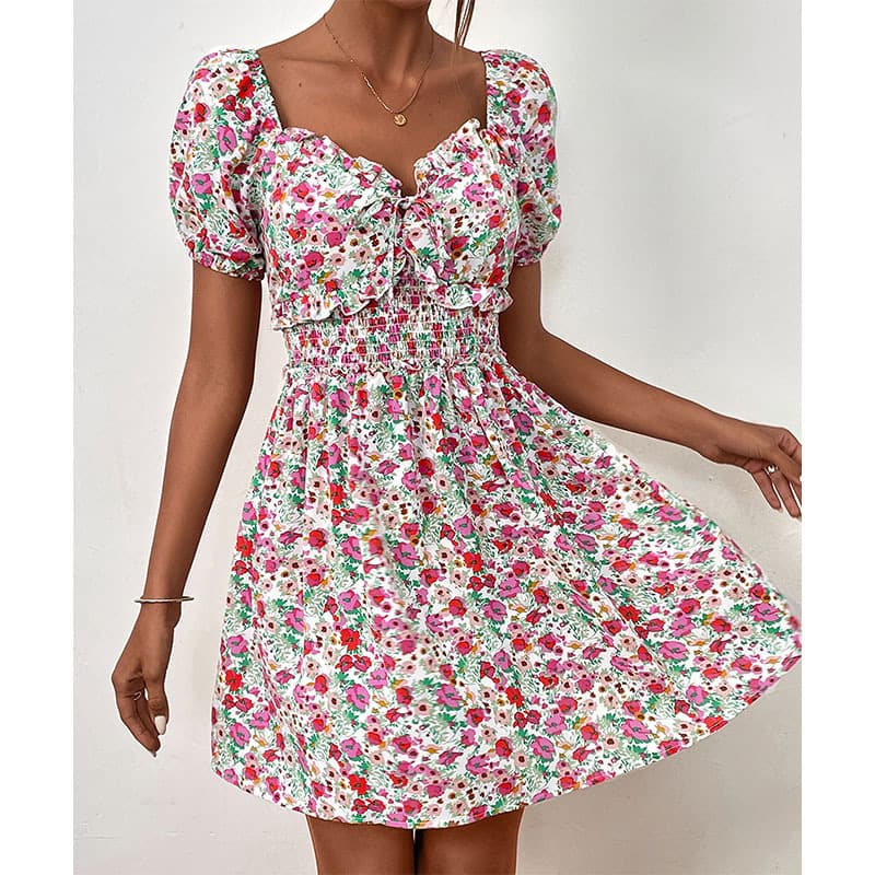 2024 Summer New Floral Short Skirt Waist Tied Bubble Sleeve Sweet Spicy Style Dress