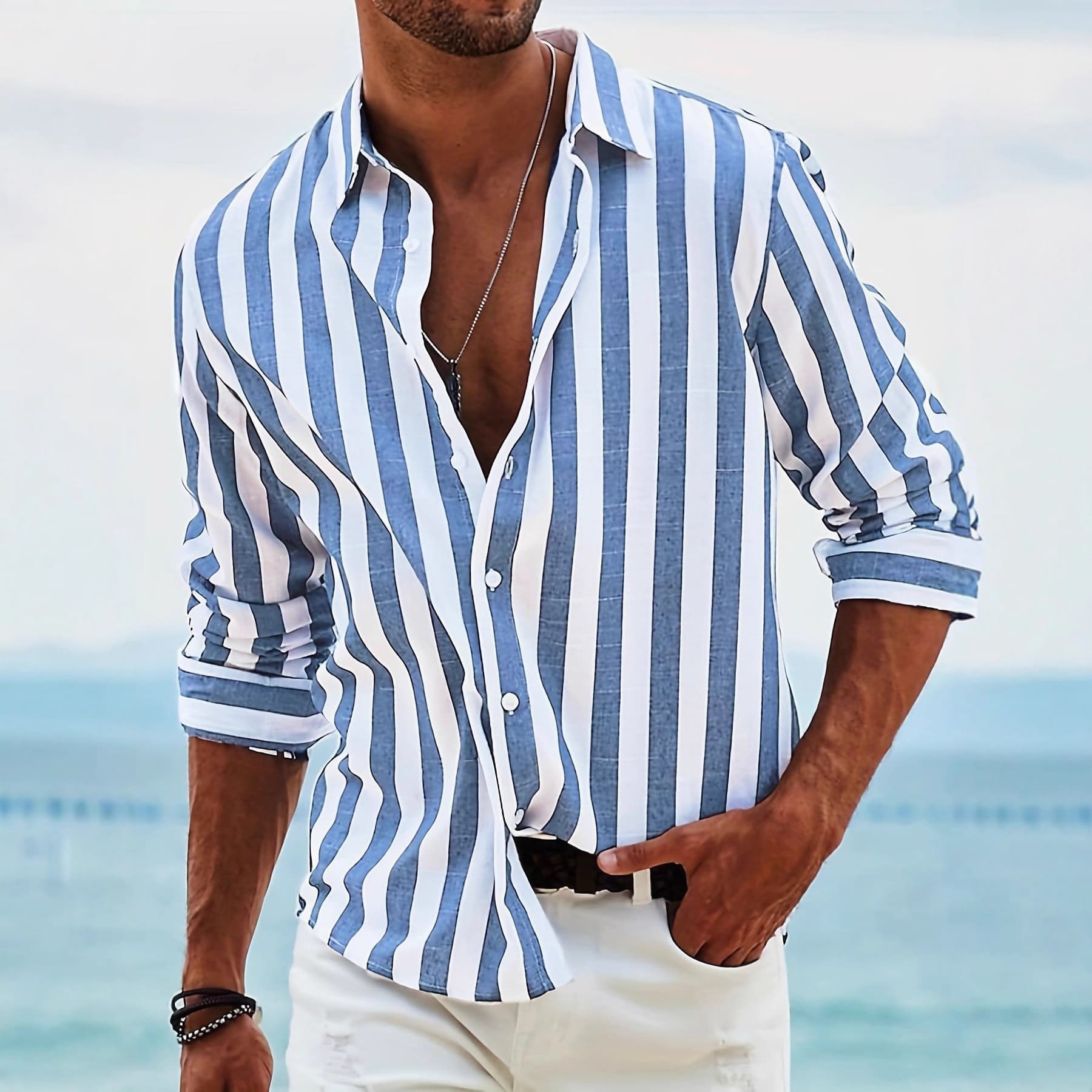Men's Casual Long Sleeve Striped Shirt - Breathable Stretch Fabric, Lightweight & Comfortable, Versatile For Work & Leisure