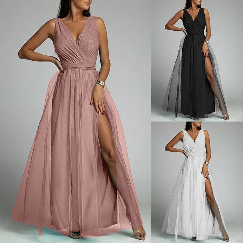 Sexy V-neck Waist Slimming Slit Wide Sparkling Dress
