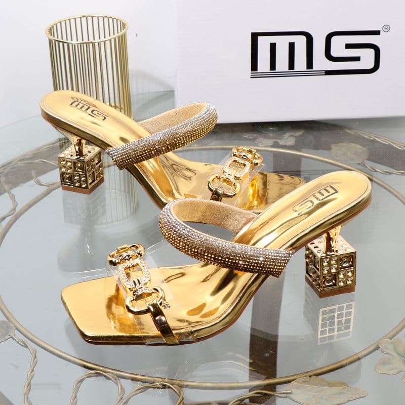High Aesthetic Gold One Word Slipper 2024 Summer New Fashion Thick Irregular Metal High Heel External Wear Sandal