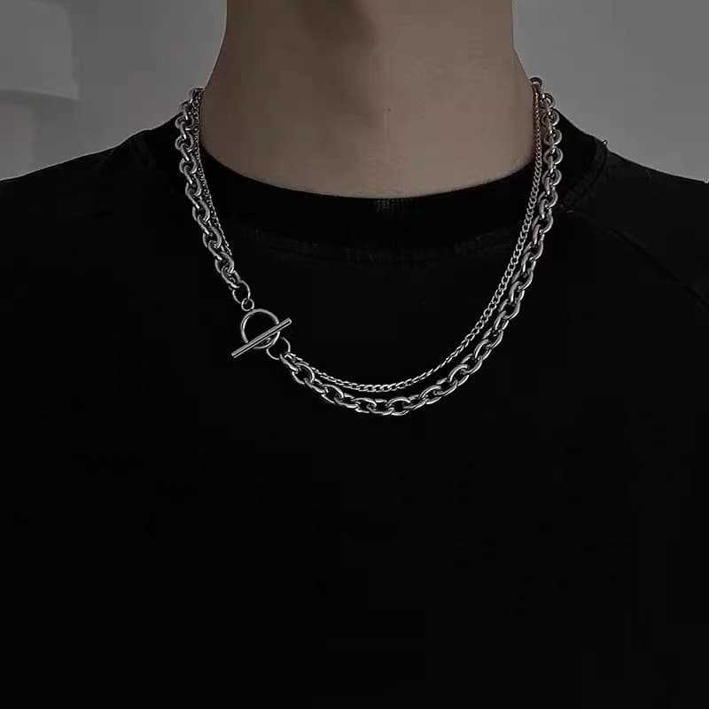 Simple hip hop double-layer otbuckle titanium steel necklace bracelet jewelry men and women non-fading hiphop stainless steel sweater chain