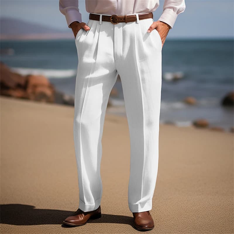 Men's Clothing Men's Linen Trousers Summer Front Pocket Pleated Straight Solid Comfortable Breathable Casual Daily Vacation Fashion Basic