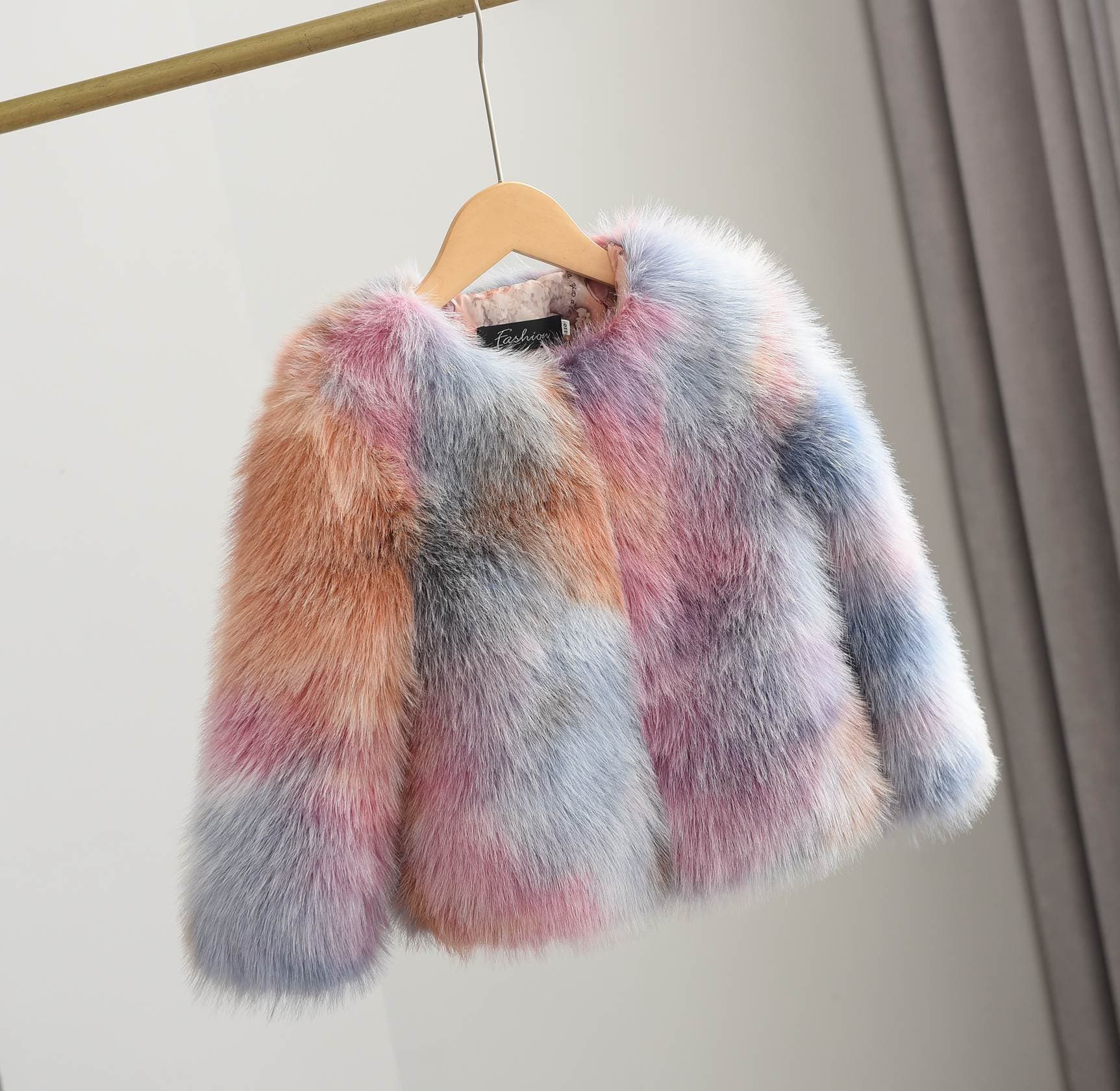 Winter Braided Spray Painting Color Imitation Fur Coat Girls Short Round Neck Color Coat Fur