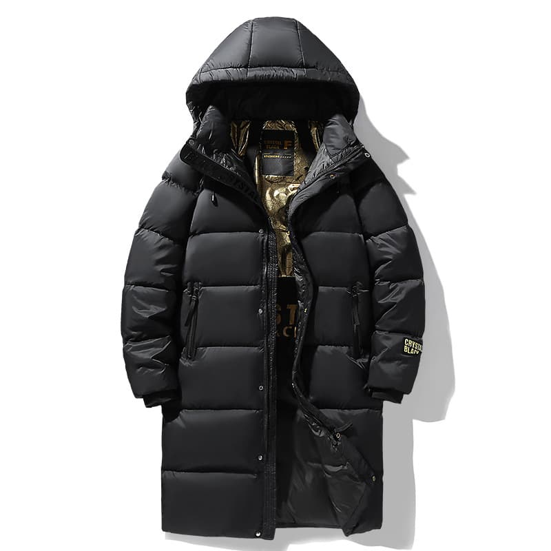 Men's Clothing Black gold down jacket for men and women, long and trendy brand, warm and thick white duck down hooded jacket for men