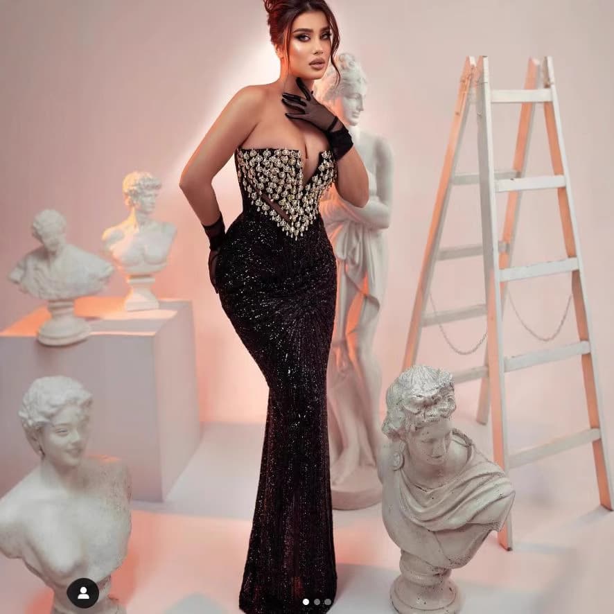 Elegant Sequin Embellished Strapless Bodycon Evening Dress For Parties & Galas – High Waist, Floor-Length, Stretch Polyester Blend – Black