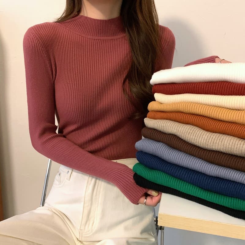 ​​Women's Semi-Turtleneck Knit Sweater Slim Fit Long Sleeve Stretchable Basic Top For Fall Winter Layering​​