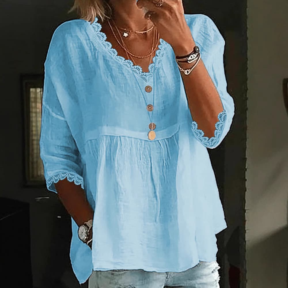 Women's Clothing Casual Three Quarter Sleeve Lace V Neck Pullover Multicolor Women's Tops Shirt