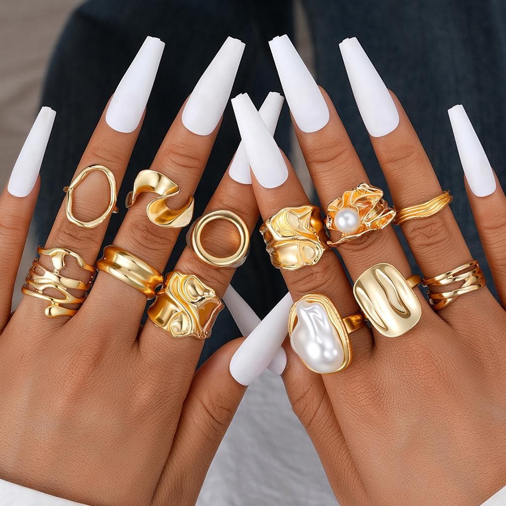Liquid Metal Glossy Geometric Pearl Resin Ring Set - 12pcs Baroque Style Stackable Rings For Women, Trendy Ins Fashion Jewelry Gift​
