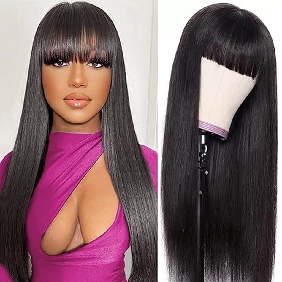 100% Human Hair Straight Wigs With Bangs Brazilian Remy Natural Black Color For Women