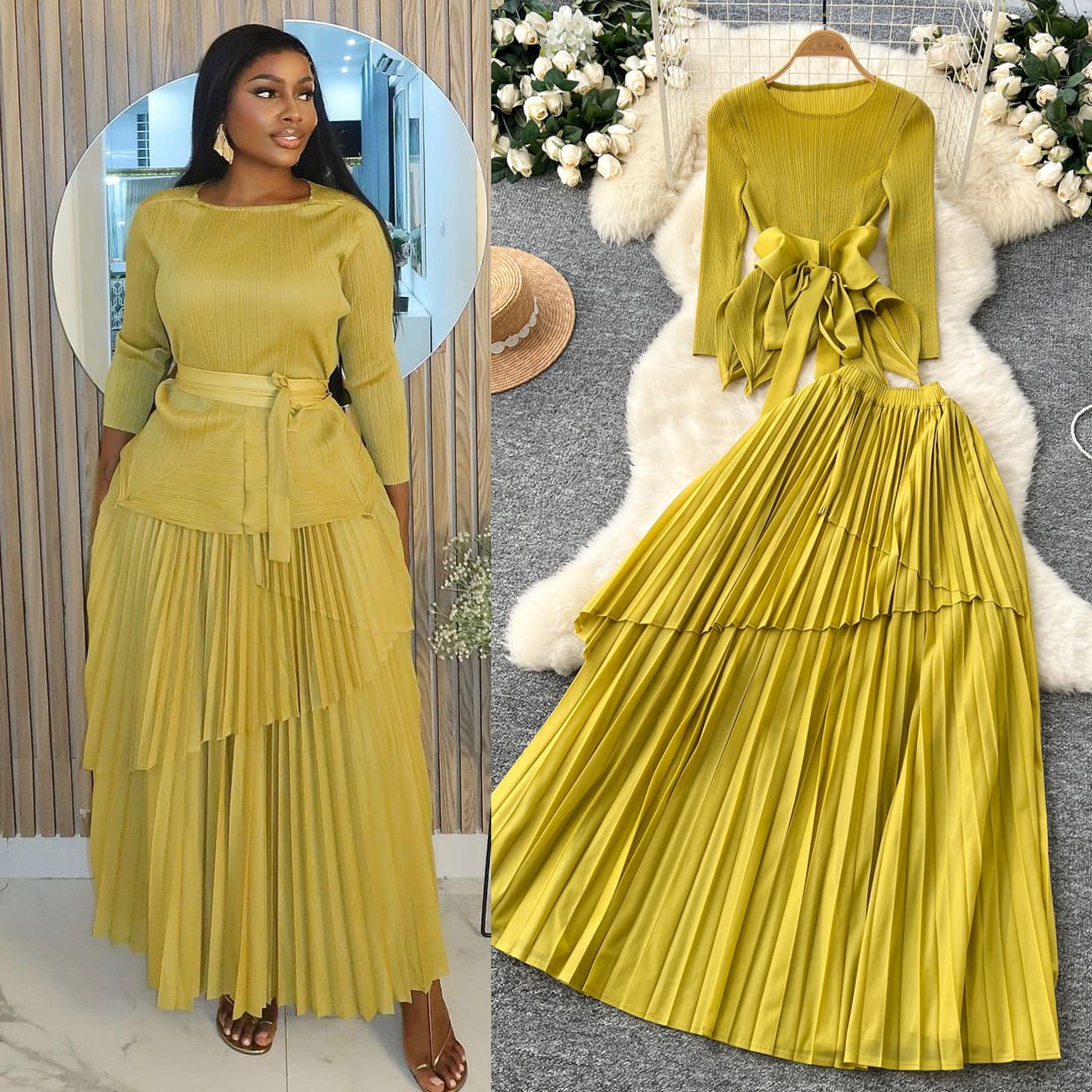 Women's Clothing Pleated Tie Waist Irregular Hem Pleated Top Pleated Skirt Suit For Women