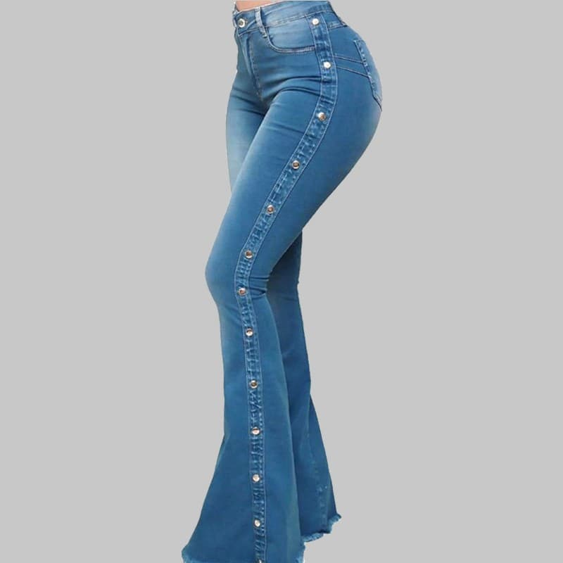 High waist elastic mop flared jeans ladies trousers