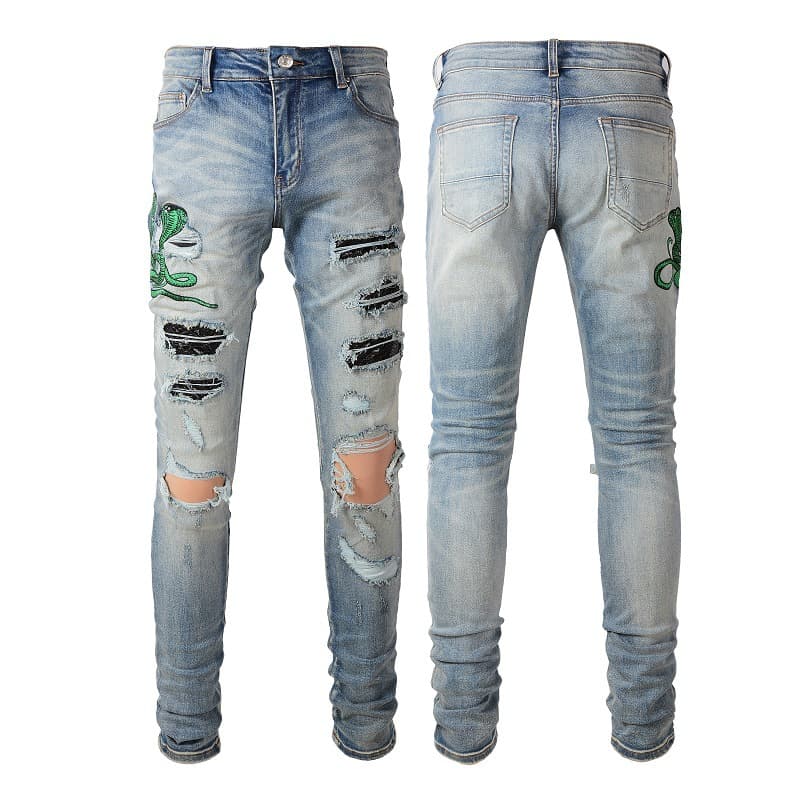 Men's Clothing pleated color matching jeans blue embroidery ripped snakeskin slim fitting men's pants