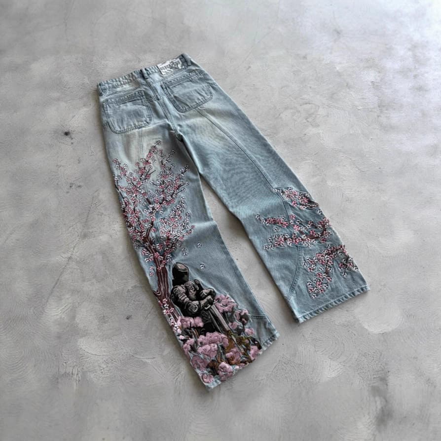 Women's Clothing Plum Blossom Embroidery New Denim Style Street Fashion Embroidered Straight Pants Mid Waist Jeans