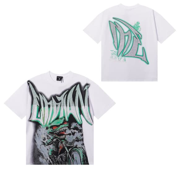 T-shirt unisexe à manches courtes, coupe ample, imprimé extraterrestre tendance style américain, orné de strass, idéal pour la rue.