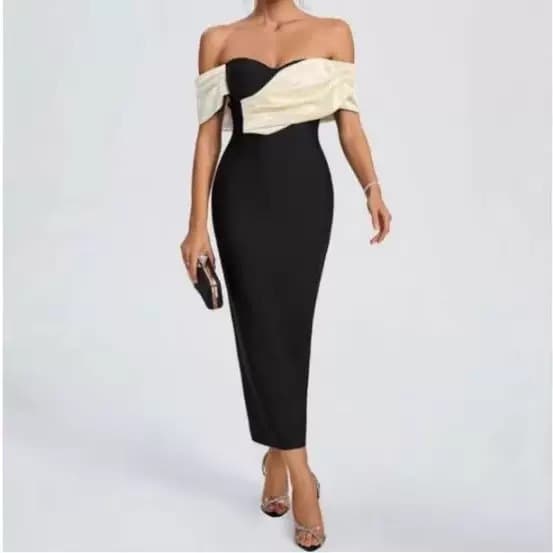 Women's Sexy Off-Shoulder Strapless Color-Block Pleated Bandage Dress for Banquets European American Cross-Over Style
