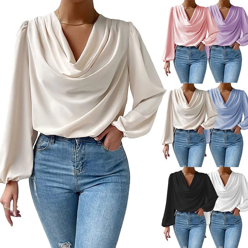 Women's chiffon long sleeve shirt loose pleated V-neck top T-shirt