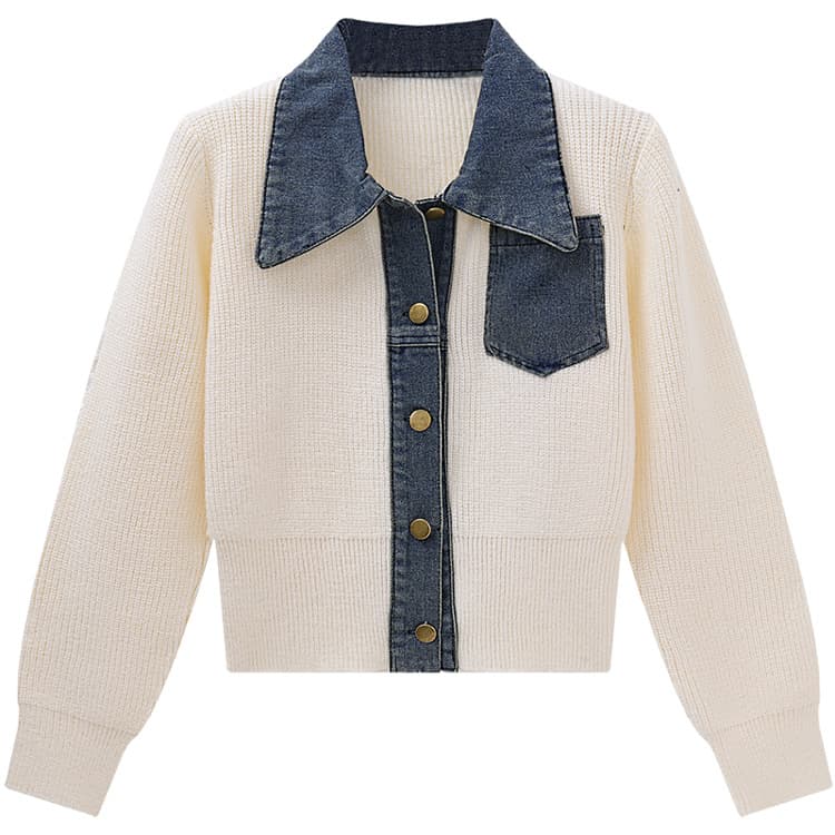 Women's Denim Splicing Knitted Cardigan Sweater Autumn Winter Waist Lapel Ribbed Temperament Top Plus Size Outwear