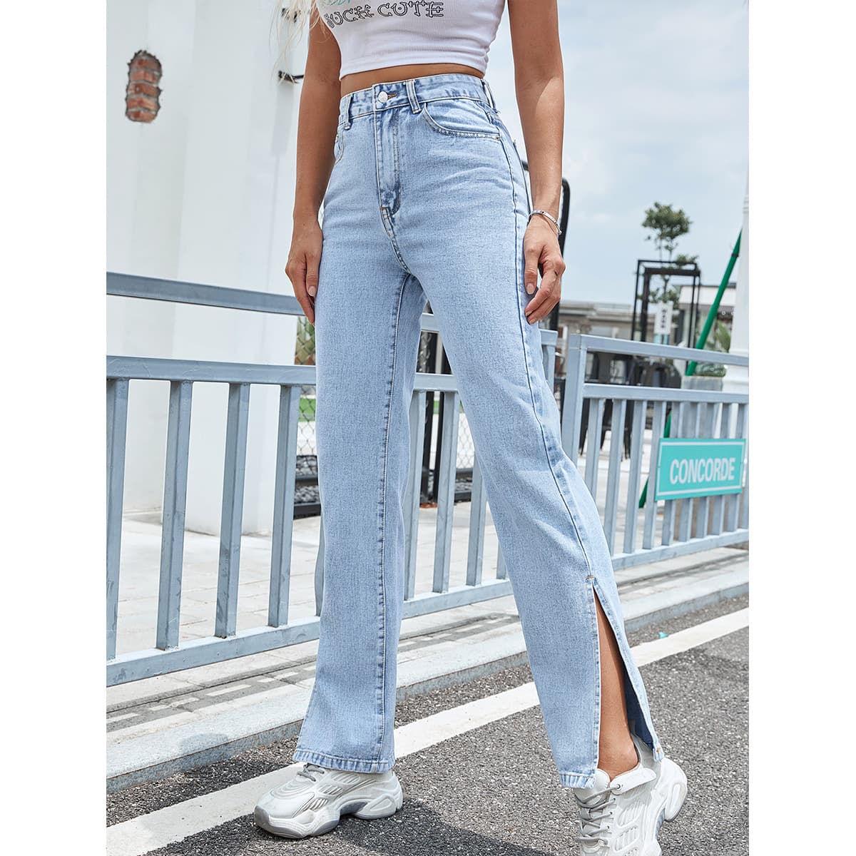 Women's Clothing Split Wide Leg Straight Loose High Waisted Slim Jeans