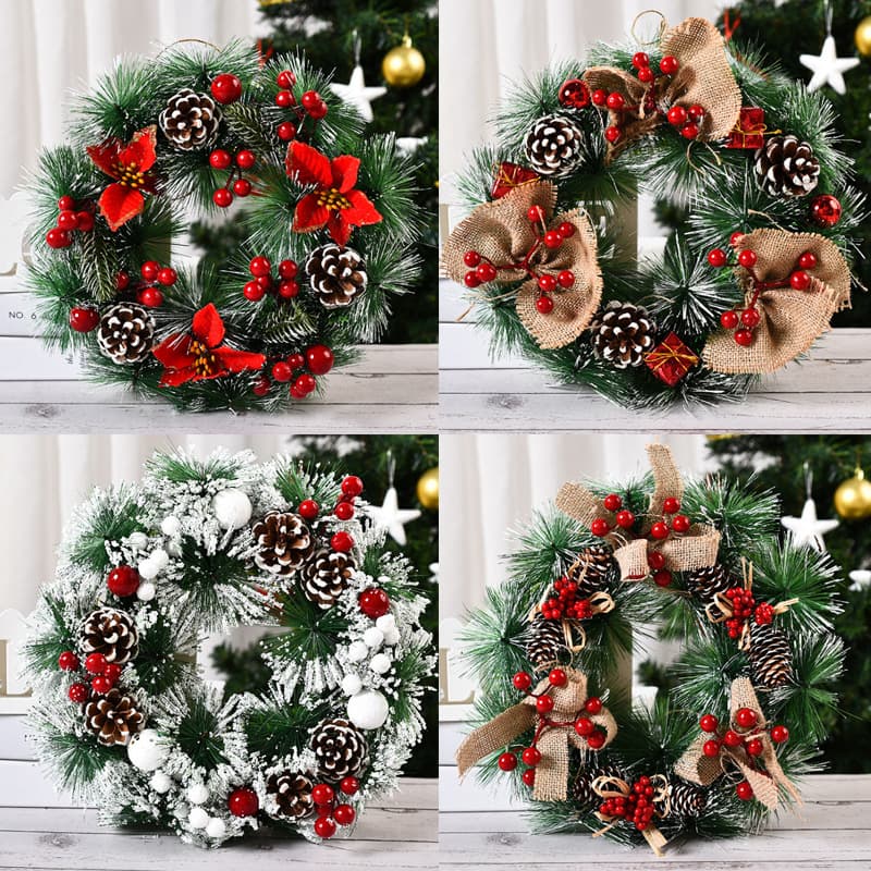 Handmade Christmas Wreath For Door Decor, Festive Holiday Garland With Pinecones, Flowers, Bows, And Snowflakes,