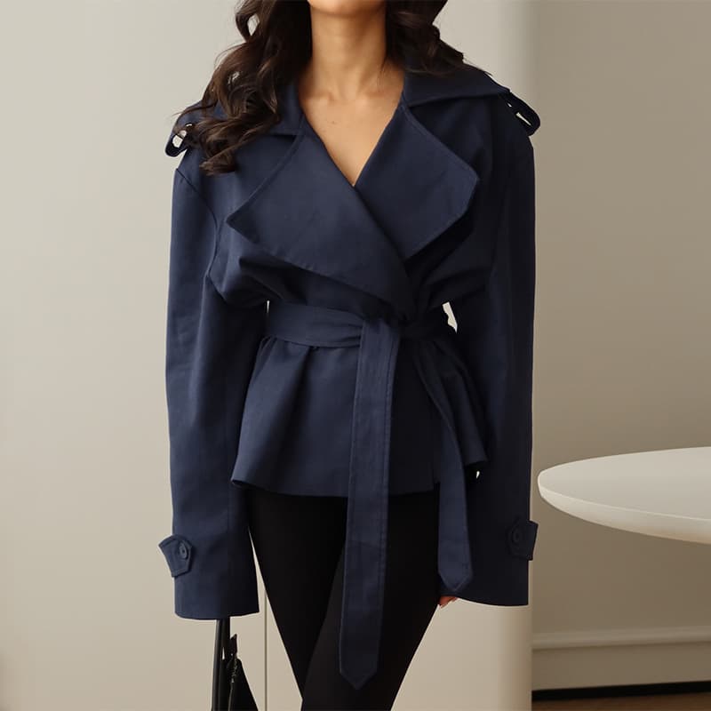 Women's Slim-Fit Short Trench Coat With Belt & Turn-Down Collar – Classic Solid Color For Autumn & Winter​