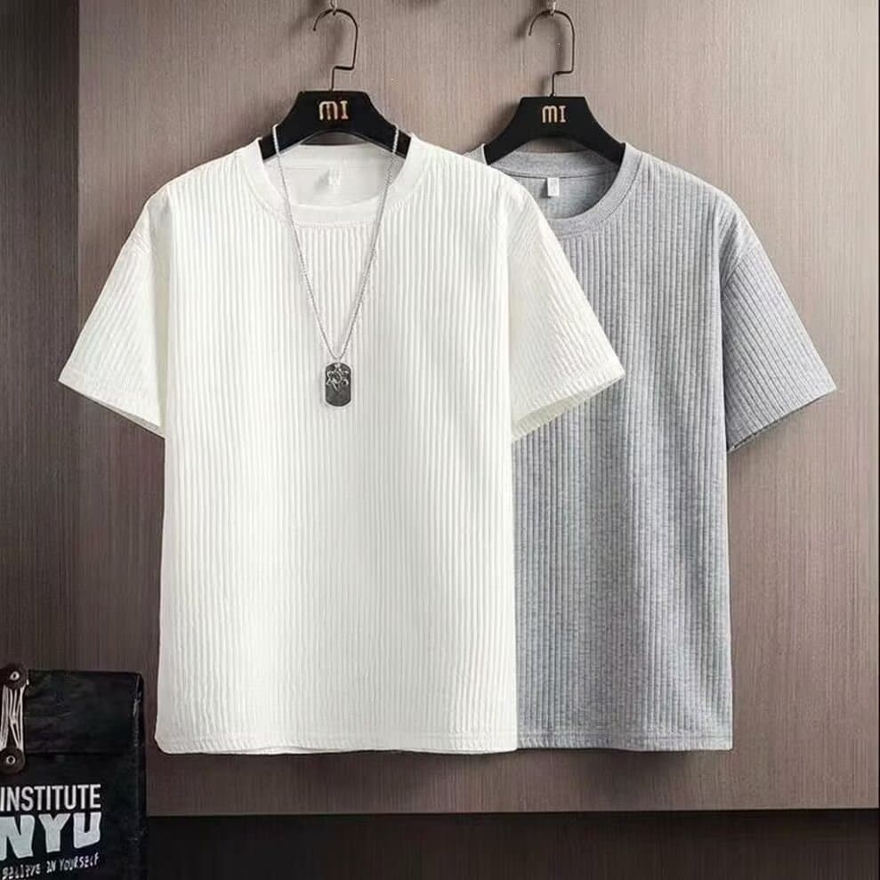 Men's Ribbed Short Sleeve T-Shirt Summer Thin Style Trendy Textured Loose Casual Quick Drying Versatile Top