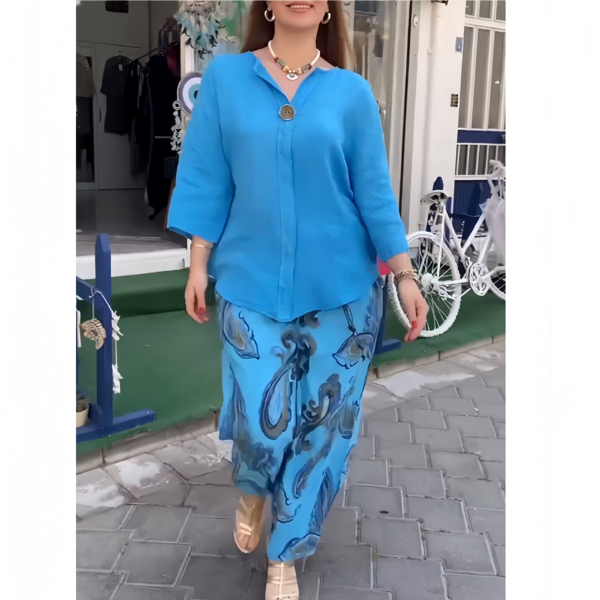 Women’s Clothing autumn fashion loose cotton and linen long sleeved tops casual printed straight pants two piece set
