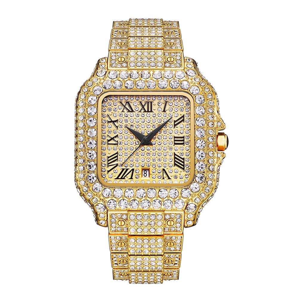 Men's Fashion Square Watch With Full Diamond Accents, Roman Numerals, And Quartz Movement - Waterproof, Stainless Steel Band, Mineral Glass