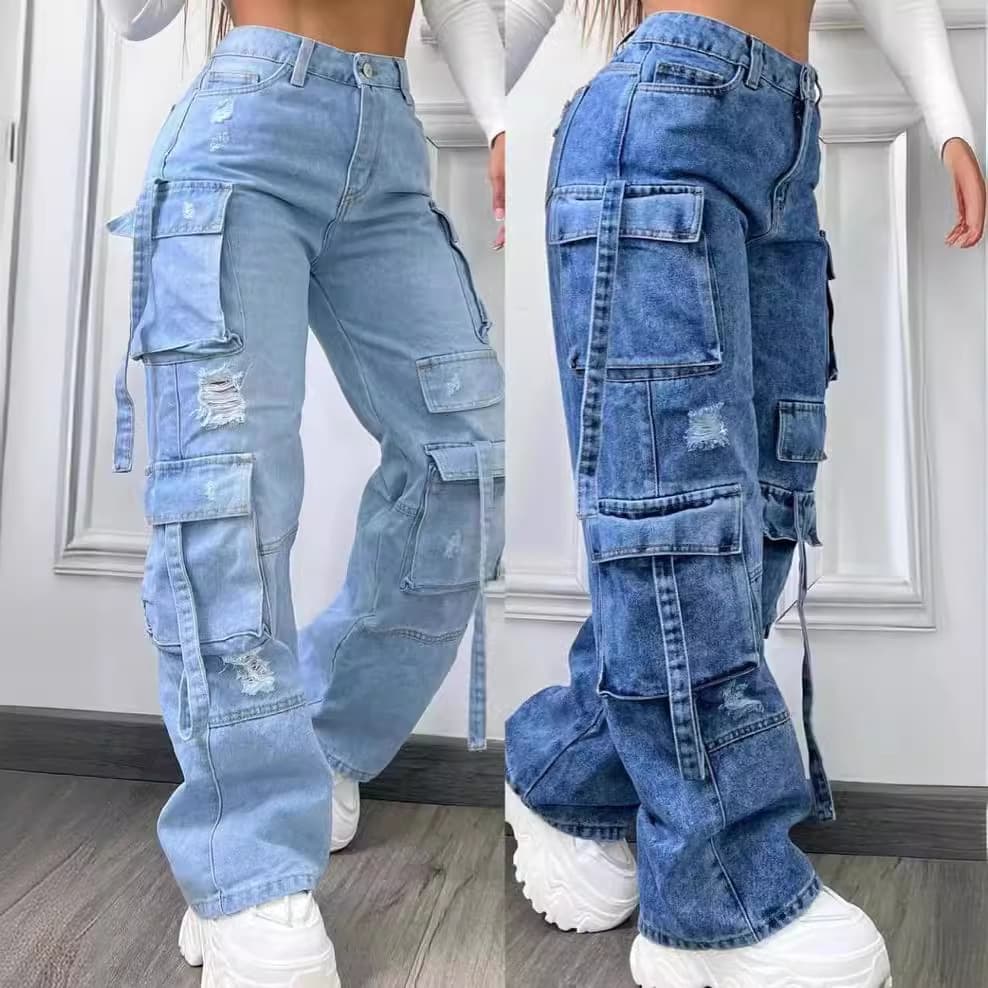 Women's Clothing new fashion solid color large size high waist multi pocket casual workwear denim trousers