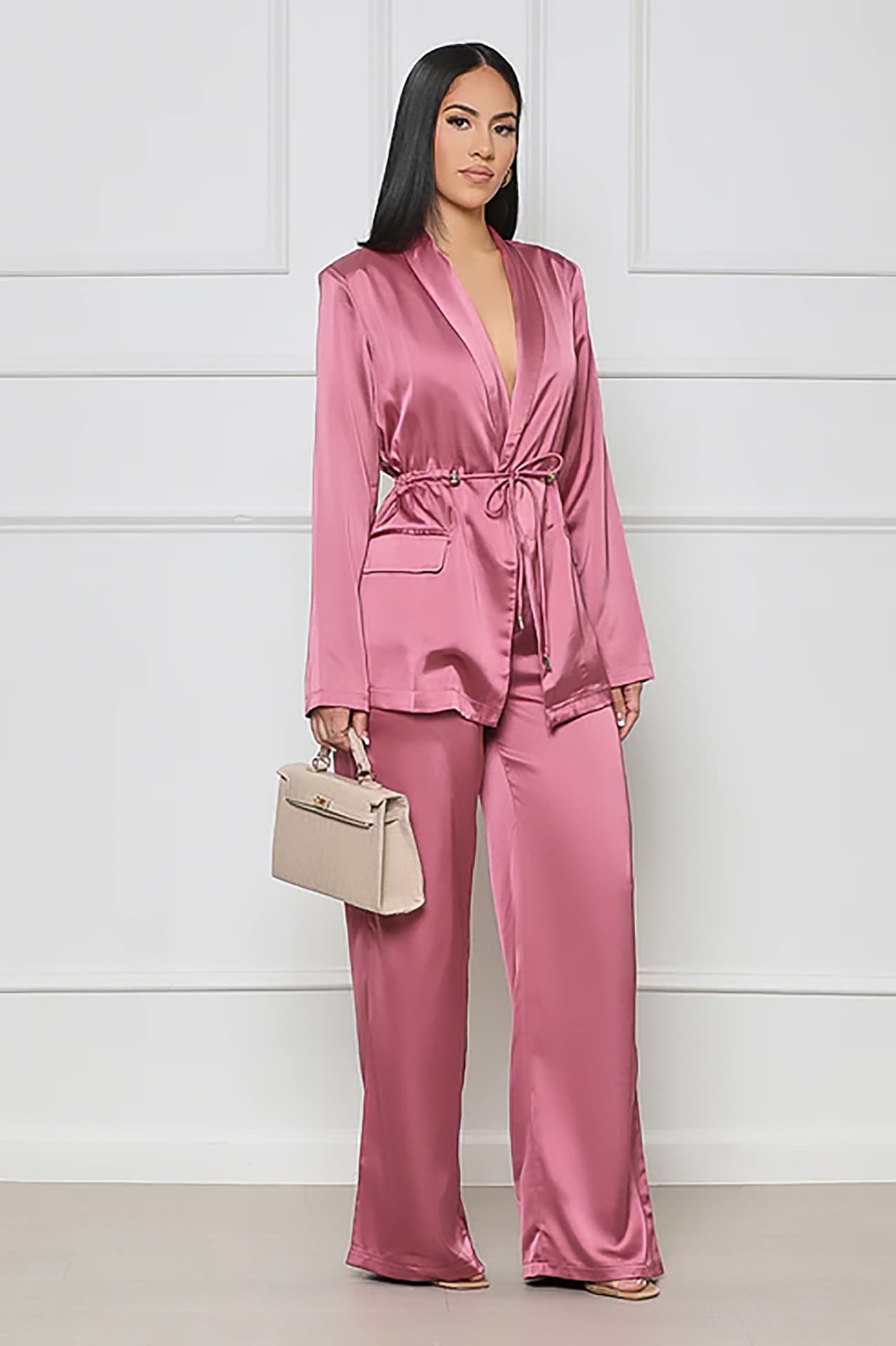 Women's autumn and winter satin solid color bathrobe set