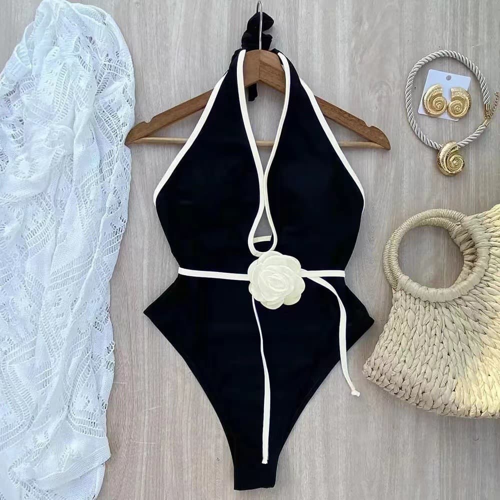 Women's Clothing Solid Color Halter Neck Three Dimensional Flower Swimsuit Waist Slimming Beach Bikini