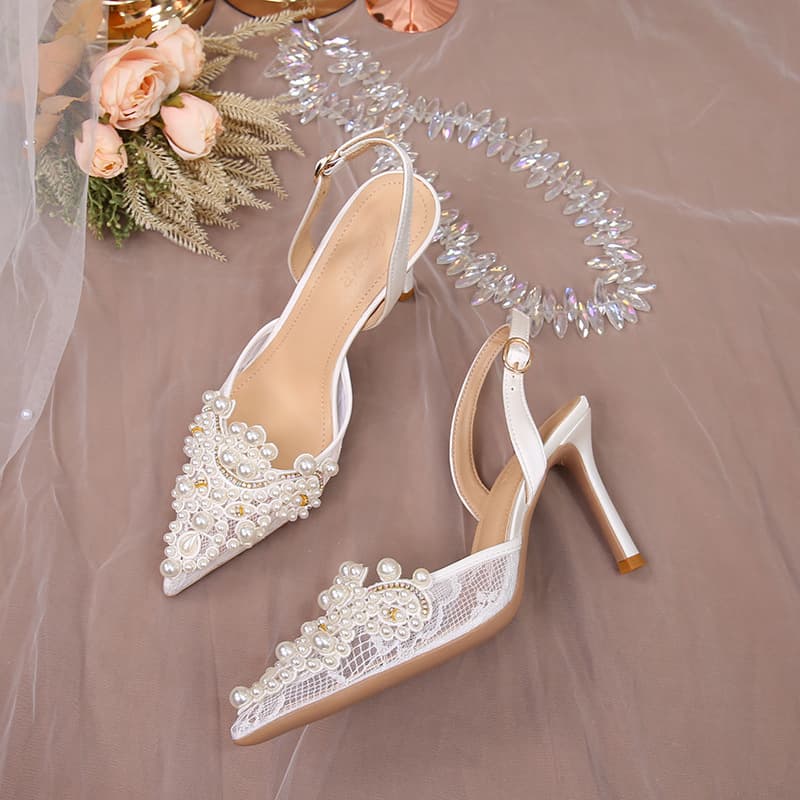 Summer Sandals 2025 White Wedding For Women Lace Fashion High Heels Pearl Women's Shoes