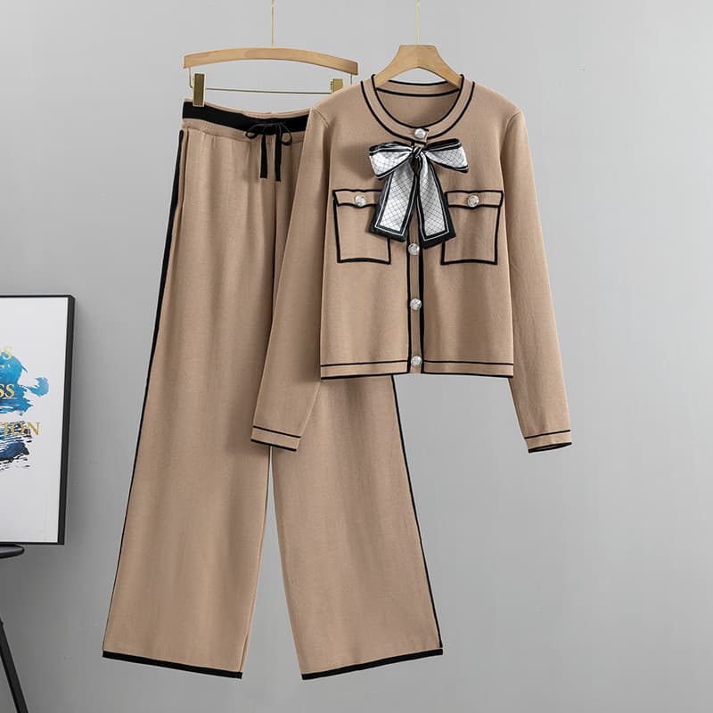 Women's Fashion Professional Suit Age-reducing Temperament Knit Cardigan Style Wide Leg Pants Two-piece Set