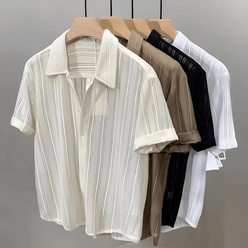 Men's Clothing New High End Hollow Lapel Short Sleeved Men's Shirt Summer Thin Loose Shirt Men's Casual Tops
