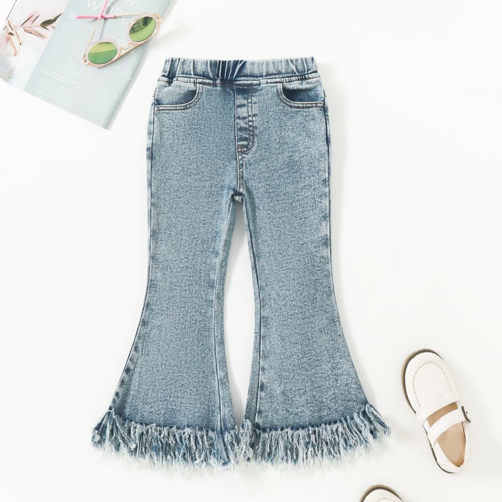 Girls' Fashion Bell Bottom Jeans - Stylish Denim With Fringe Detail, Slim Fit Flared Pants For Trendy Kids