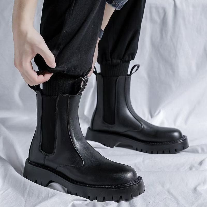 Chelsea Boots Men's High-top Leather Shoes, Cigarette Boots, Martin Boots Men's Velvet Black Boots Men's