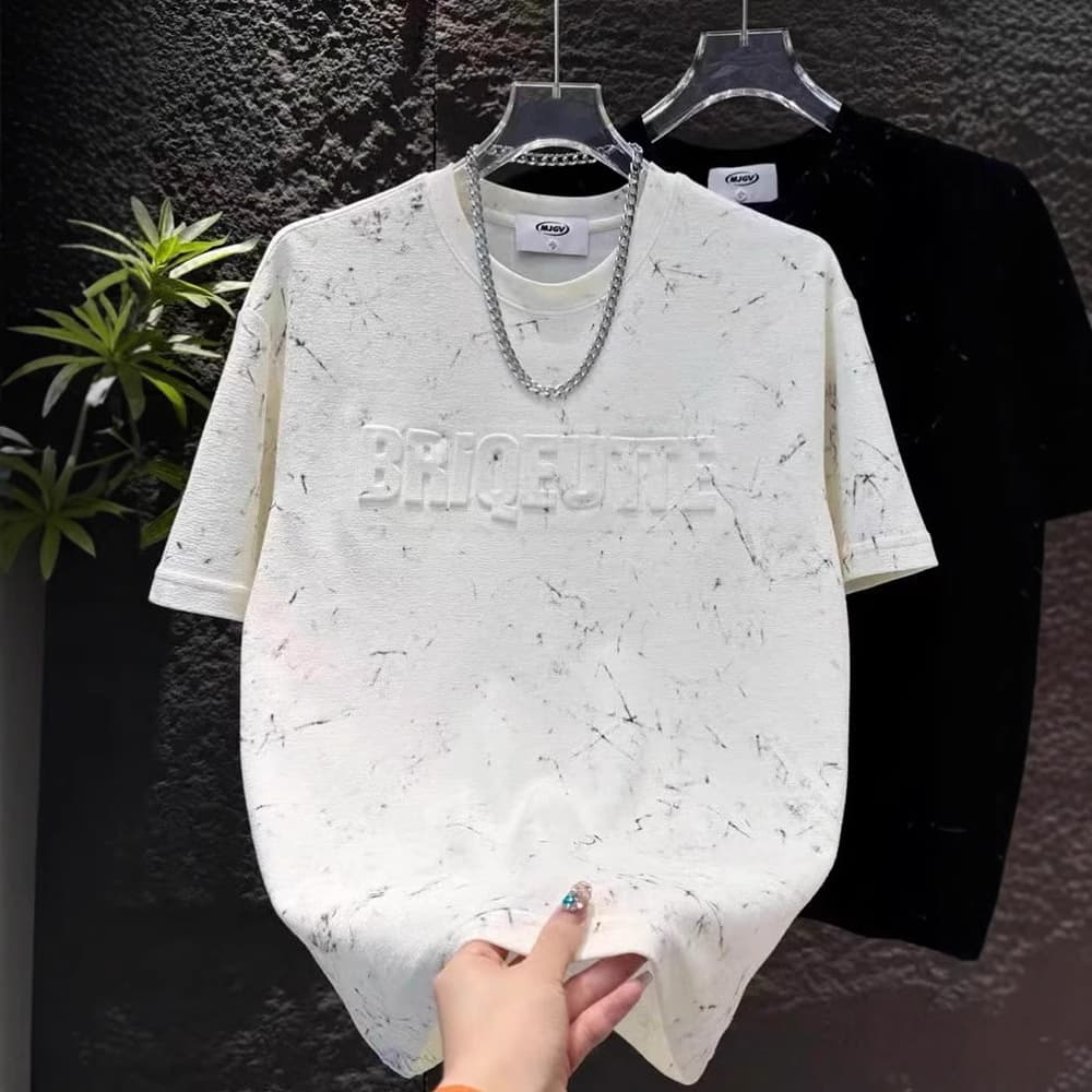 Men's Clothing Summer New Popular Letter Steel Printed Short Sleeved Three Dimensional Embossed Tie Dye Half Sleeved Men's Trendy Temperament T Shirt