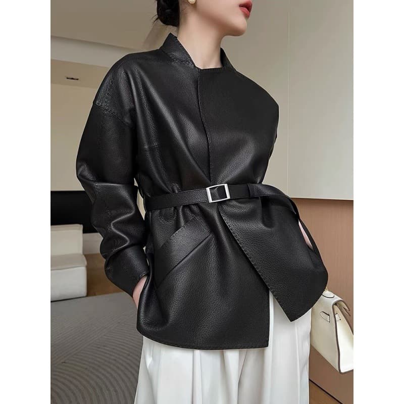 Women's Clothing retro leather jacket short fashion spring and autumn leather jacket small size slim and stylish Outerwear