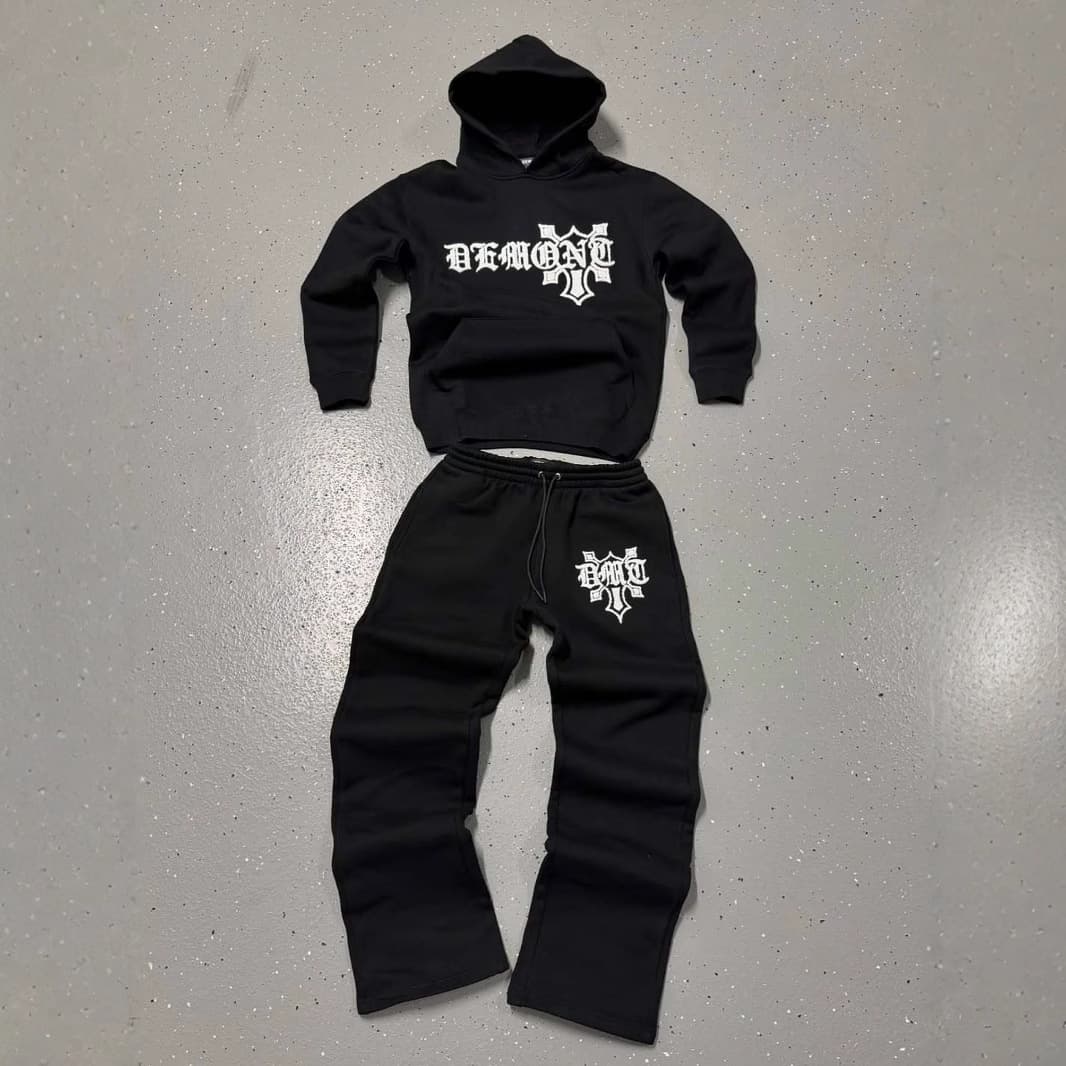 Ensemble sweat à capuche et jogging streetwear – Pull unisexe hip-hop avec inscription floquée, coupe décontractée et confortable (noir/gris, S-XL)