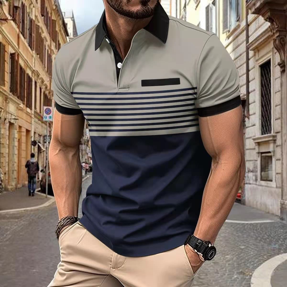 Men's Clothing Summer Men's New Chest Pocket Digital Printing Lapel Button Short Sleeve