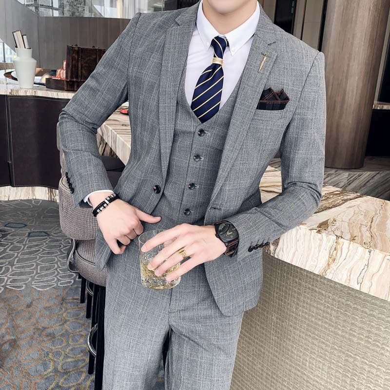 Men's Clothing 2024 fashion new autumn and winter plaid suit men's three-piece suit Korean style British slim fit wedding suit jacket