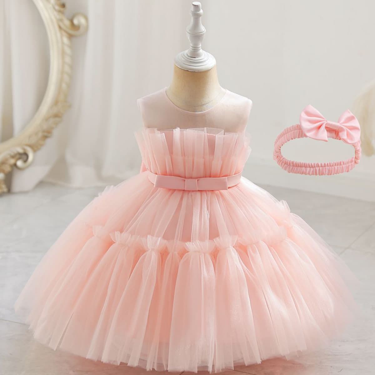 Mother & Kids New foreign trade girl one-year-old solid color sleeveless mesh dress birthday party performance puffy dress skirt