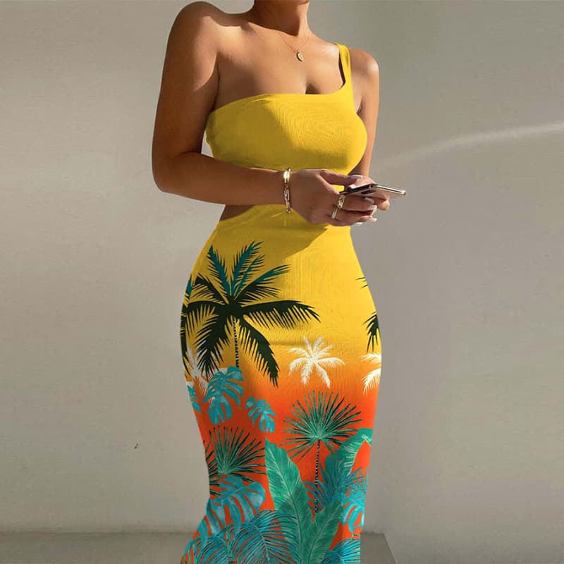 Women's sexy floral print one-shoulder hollowed-out ribbed sheath dress woman