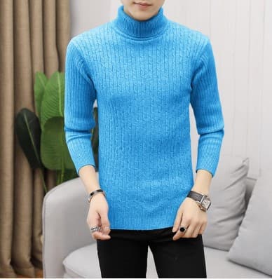 Pull en tricot pour homme, col montant, torsadé, couleur unie, décontracté, chaud, col roulé, hiver