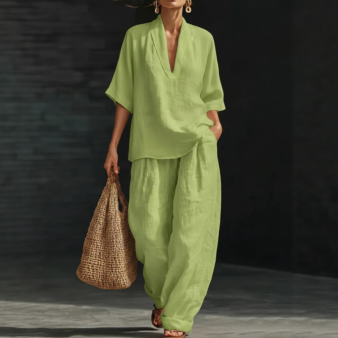 Spring/Summer Women's Loose Wide Leg Pants Set Stylish Comfortable Two Piece Solid Color Linen Imitation Clothing