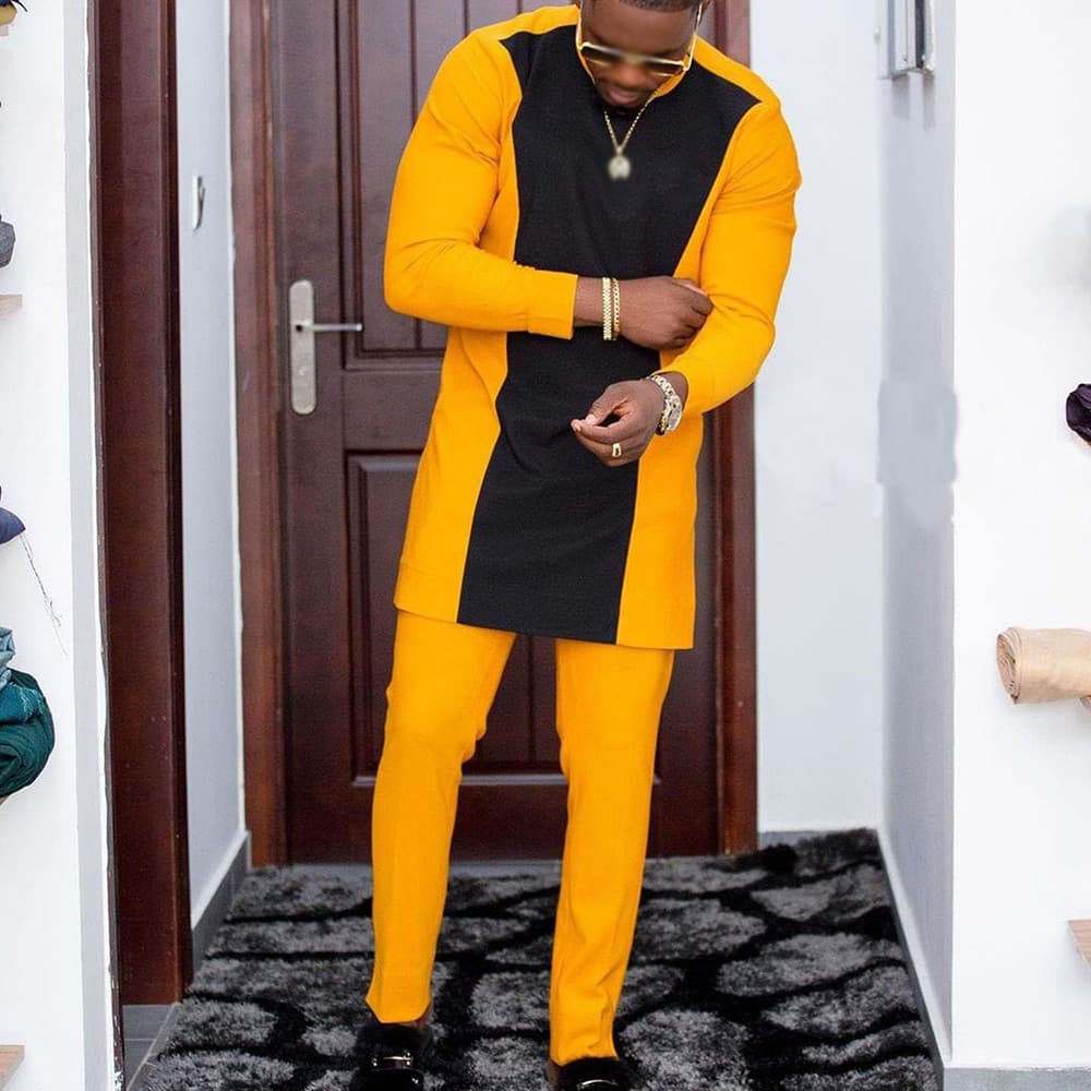Costume noir africain décontracté brodé pour homme, manches longues, idéal pour les mariages et les banquets.