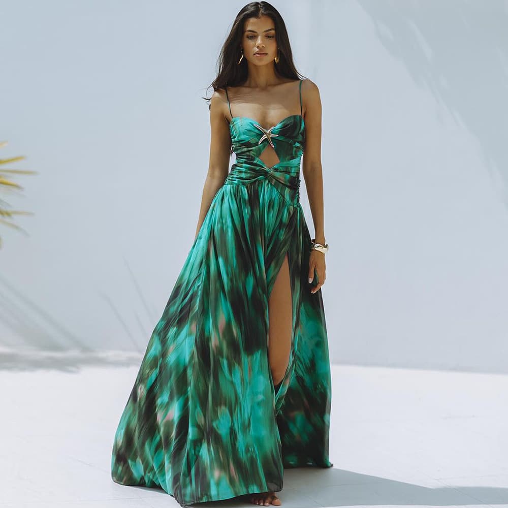 Women's Clothing New Green Ink Print Hollow Swimsuit And Split Umbrella Skirt Holiday Suit