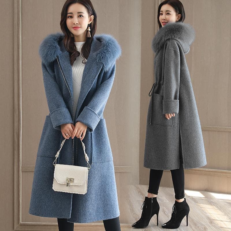 Autumn And Winter New Cross-border Explosive Single Thickened Woolen Women's Coat Long Woolen Collar Coat Wish