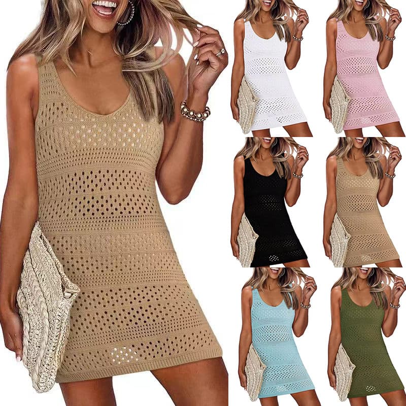 Women's Clothing swimsuit cover-up new sleeveless vest sunscreen shirt knitted hollow swimsuit beach skirt